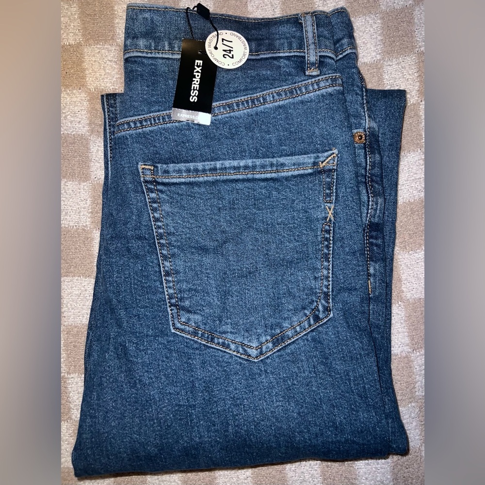 Express Women's Straight Super High Rise Jeans in Deep Blue